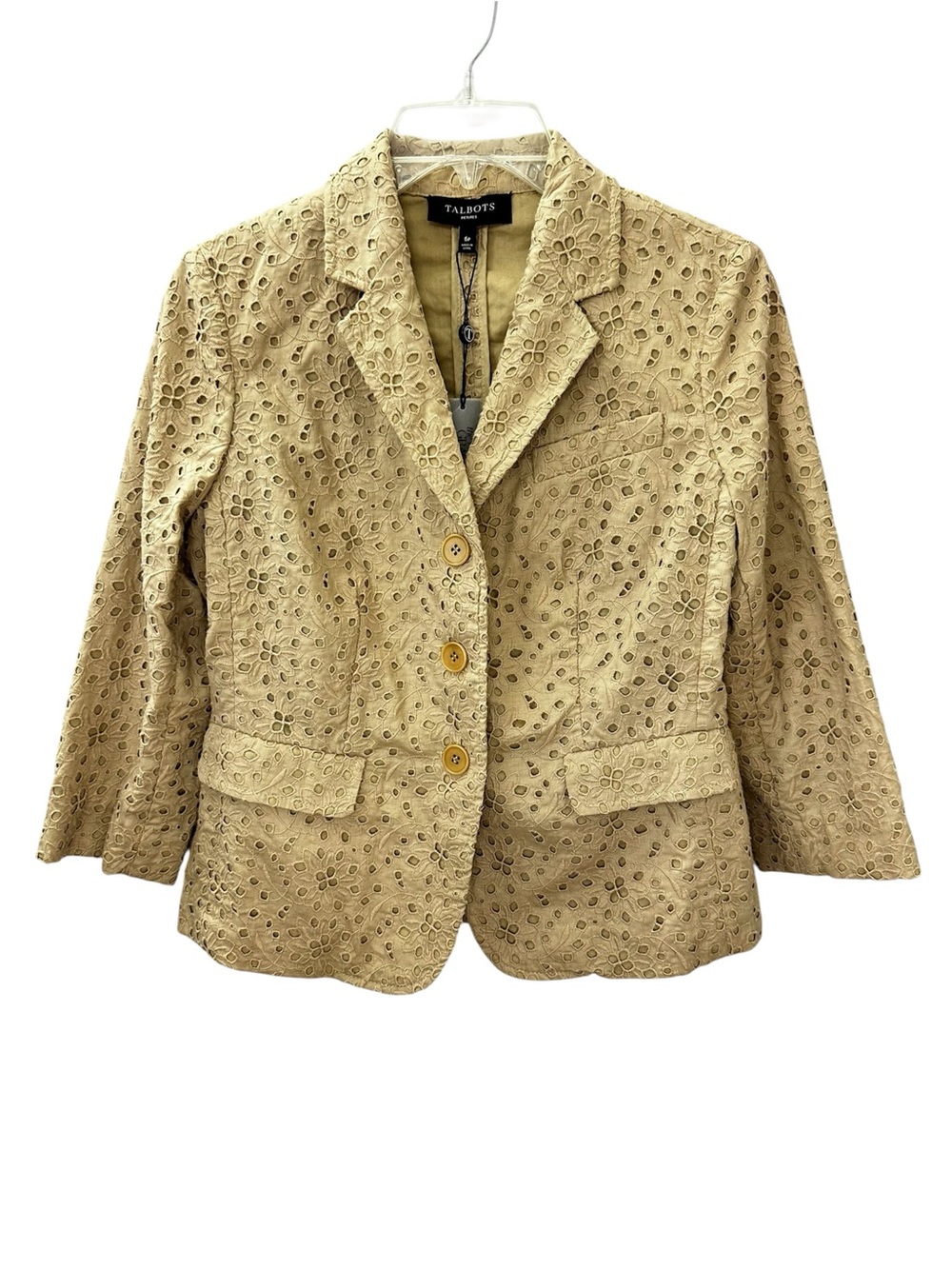 NWT Talbots Jacket Eyelet Lace Blazer Tan Cotton Button Closure Women’s Size 6P
